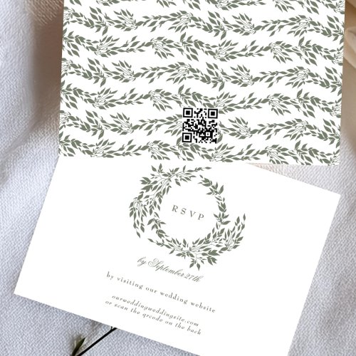 Wreath White Sage Green Elegant Wedding QR CODE RSVP Card
