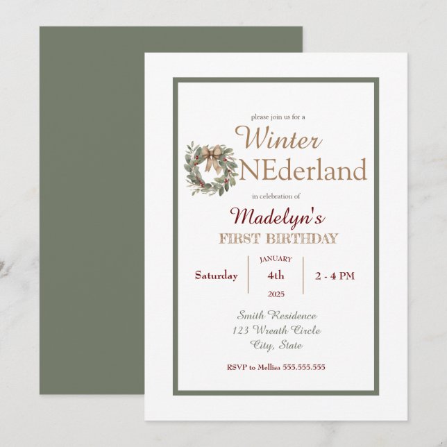 Wreath Winter ONEderland Kids First Birthday  Invitation (Front/Back)