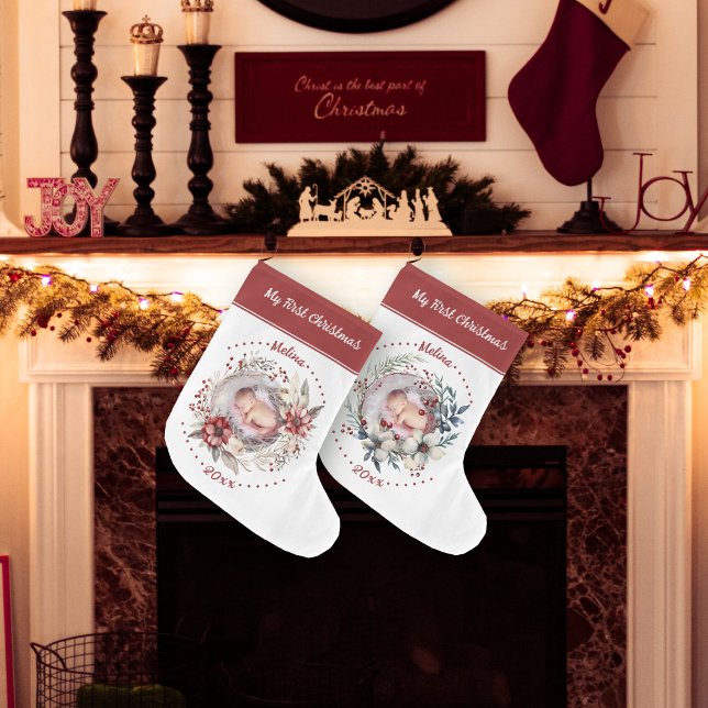 Wreath with Baby's First Christmas photo Large Christmas Stocking (Creator Uploaded)