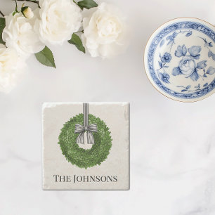 Wreath with black and white stripe bow stone coaster