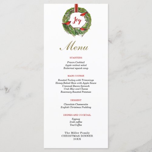 Wreath with bow and cardinals Christmas dinner Menu