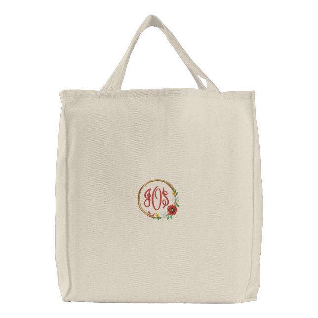 Wreath with Flowers, Bird and Monogram Embroidered Tote Bag (Front)