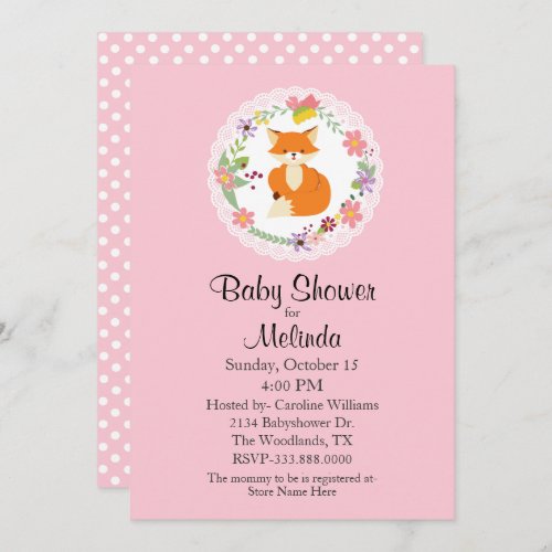 Wreath with Fox Pink Baby Shower Invitation