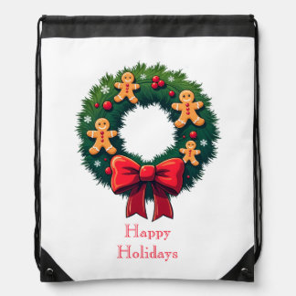 Wreath with Gingerbread Men Drawstring Bag
