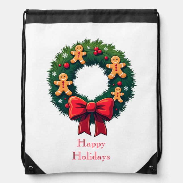 Wreath with Gingerbread Men Drawstring Bag (Front)