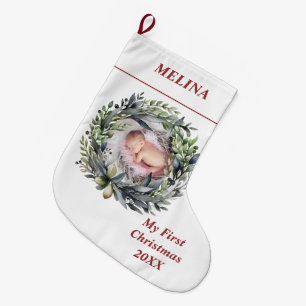 Wreath with greenery Baby's First Christmas photo Large Christmas Stocking