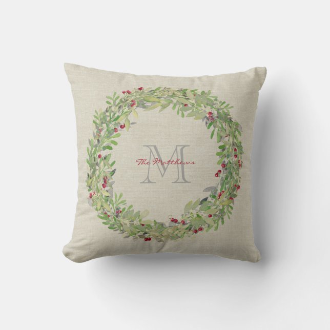 Wreath with monogrammed name & initial throw pillow (Front)