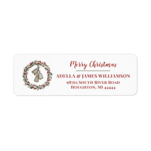Wreath with Red Berries and Bells Merry Christmas Label