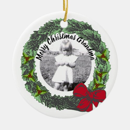 Wreath With Red Bow Merry Christmas Photo  Names Ceramic Ornament