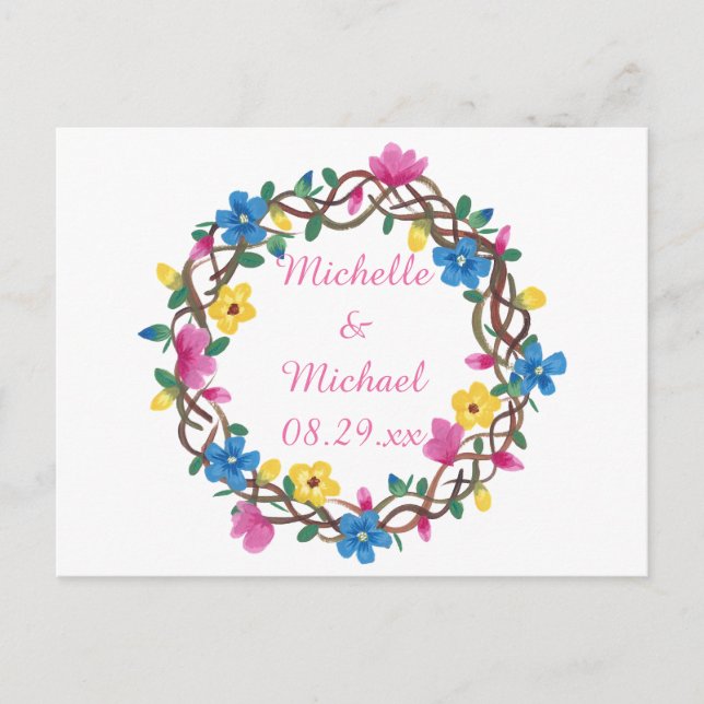 Wreathe Colorful Flowers Save the Date Postcards (Front)
