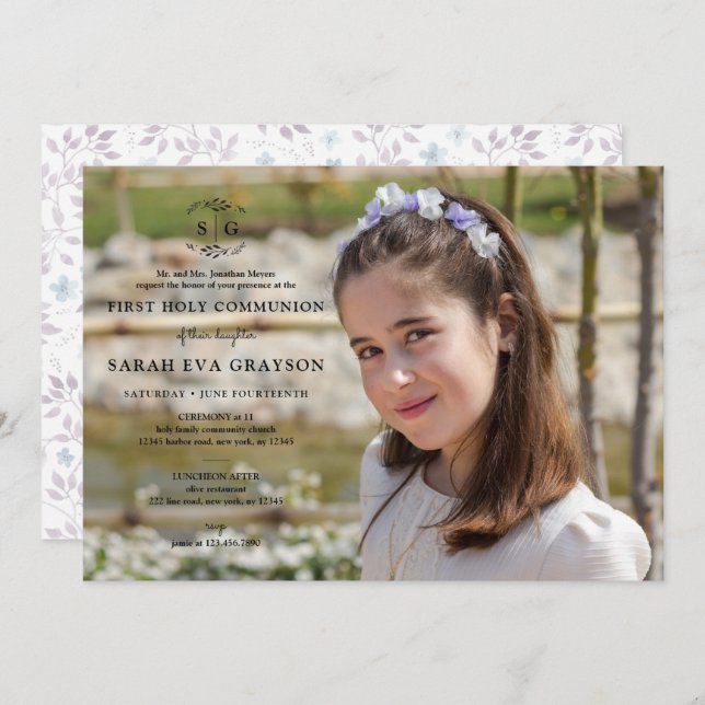 Wreathed Initials - Dark First Holy Communion Invitation (Front/Back)