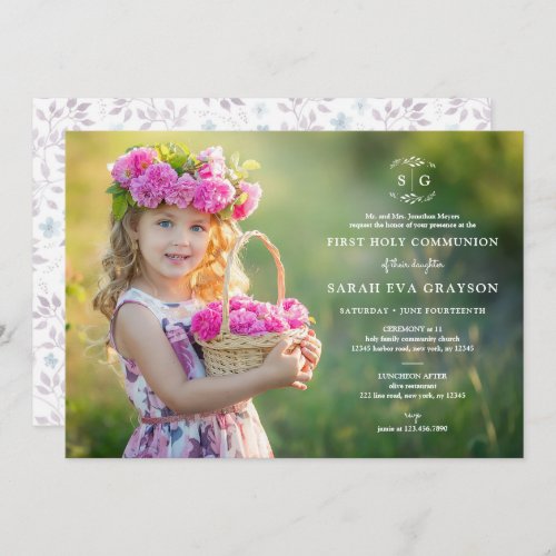 Wreathed Initials First Holy Communion Invitation