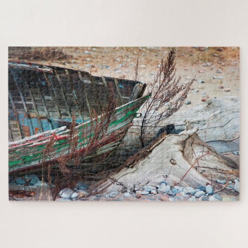 Wrecked Wood Boat Driftwood on Beach Peeling Paint Jigsaw Puzzle