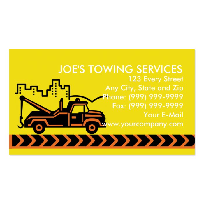 Wrecker tow truck with building business cards