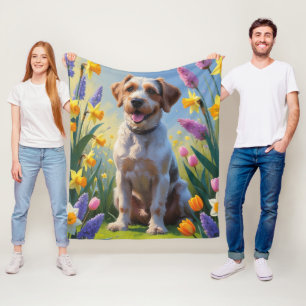 Wrehaired Pointing Griffon Spring Flowers Painting Fleece Blanket