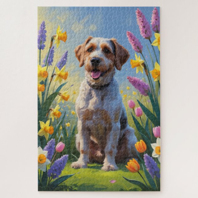 Wrehaired Pointing Griffon Spring Flowers Painting Jigsaw Puzzle (Vertical)