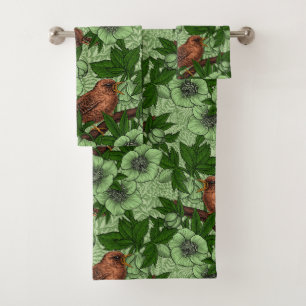 Wren and hellebore, light green bath towel set