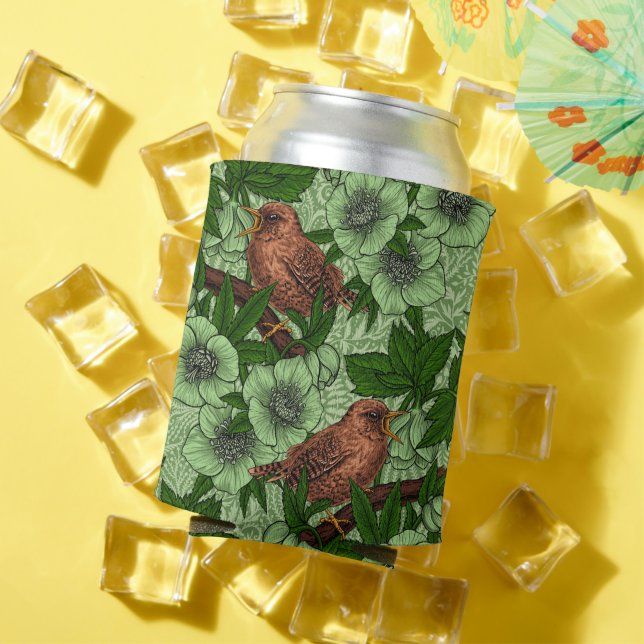 Wren and hellebore, light green can cooler (In Situ Summer)