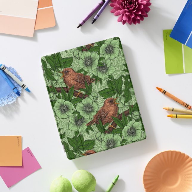 Wren and hellebore, light green iPad smart cover (In Situ)