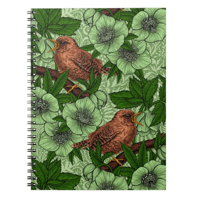 Wren and hellebore, light green notebook (Front)