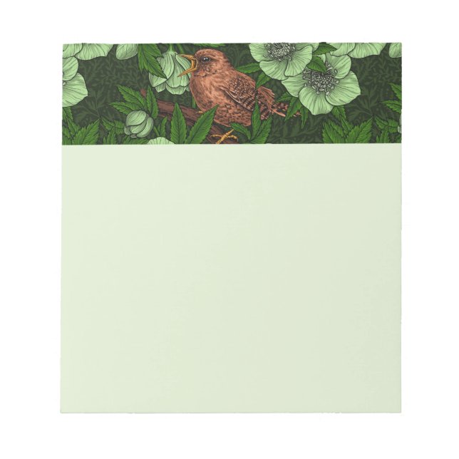 Wren and hellebore, light green notepad (Front)