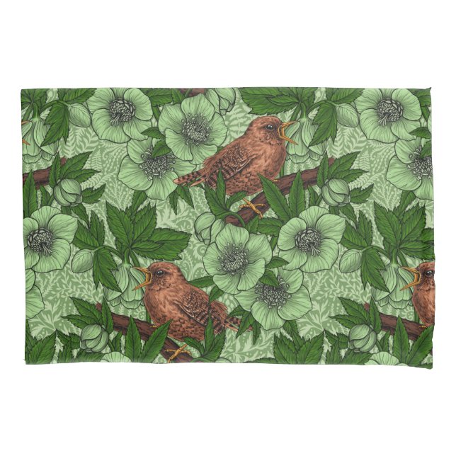 Wren and hellebore, light green pillow case (Front-Left)