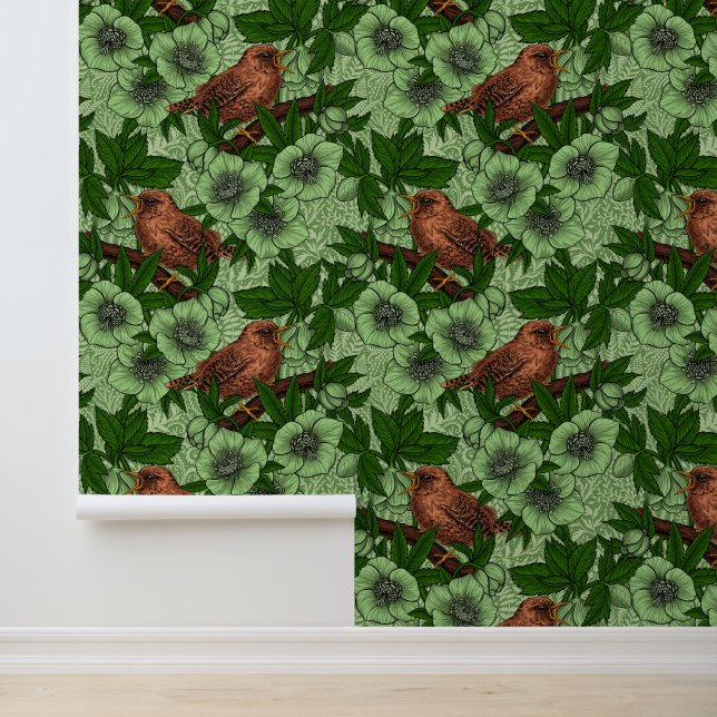 Wren and hellebore, light green wallpaper  (Application)