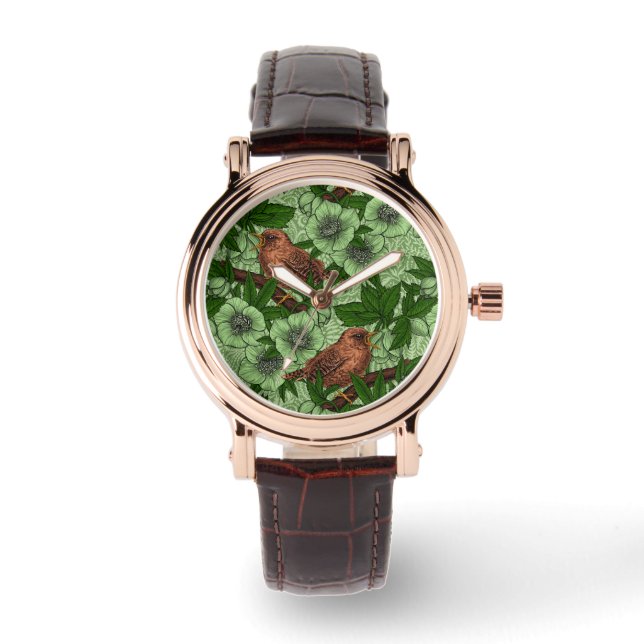 Wren and hellebore, light green watch (Front)