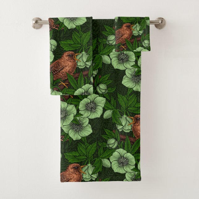Wren and hellebore on dark green bath towel set (Insitu)