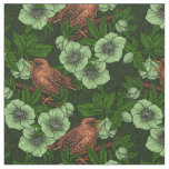 Wren and hellebore on dark green fabric