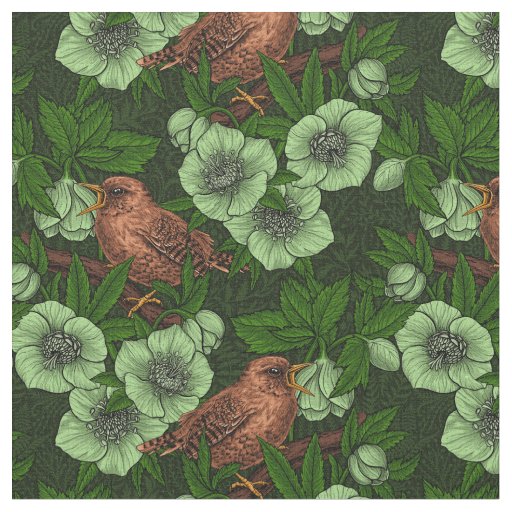 Wren and hellebore on dark green fabric