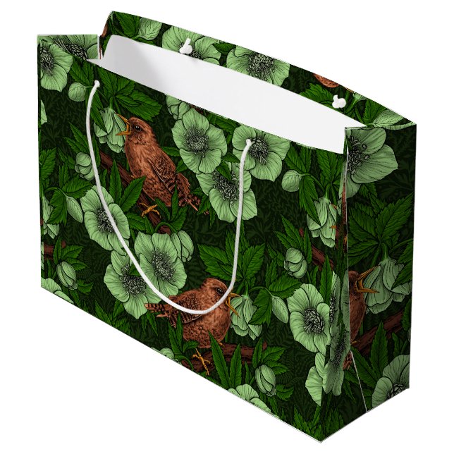 Wren and hellebore on dark green large gift bag (Back Angled)