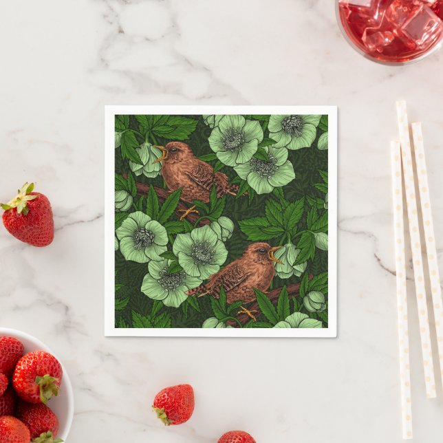 Wren and hellebore on dark green napkins (Insitu)