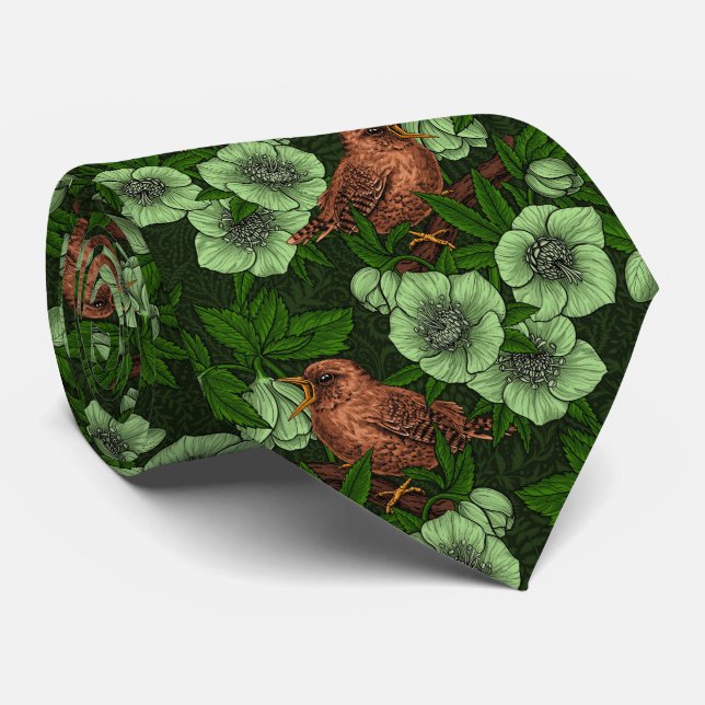 Wren and hellebore on dark green neck tie (Rolled)