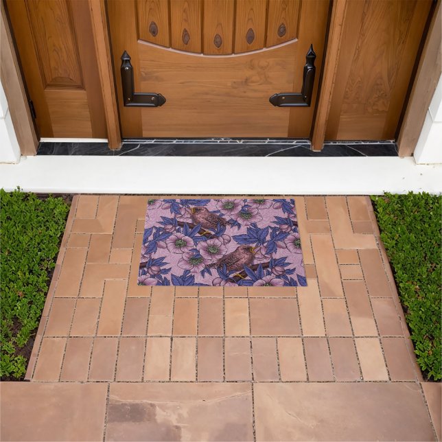 Wren and hellebore, pink and violet doormat (Outdoor)