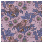 Wren and hellebore, pink and violet fabric