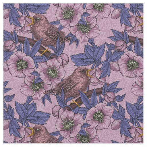 Wren and hellebore, pink and violet fabric