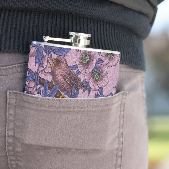 Wren and hellebore, pink and violet flask (In Situ)