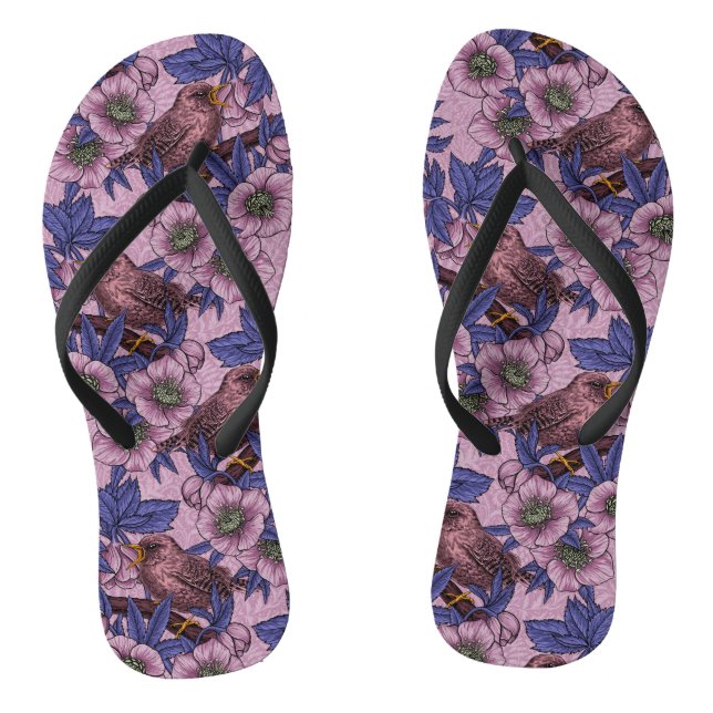 Wren and hellebore, pink and violet flip flops (Footbed)
