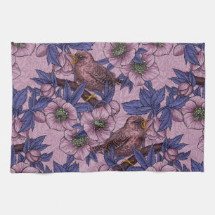 Wren and hellebore, pink and violet kitchen towel