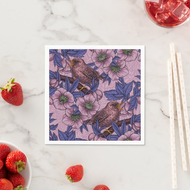 Wren and hellebore, pink and violet napkins (Insitu)