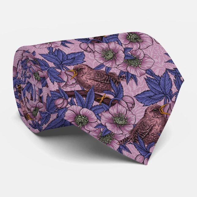 Wren and hellebore, pink and violet neck tie (Rolled)