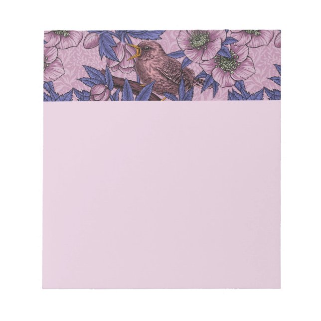 Wren and hellebore, pink and violet notepad (Front)