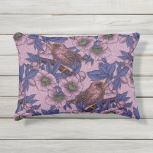 Wren and hellebore, pink and violet outdoor pillow