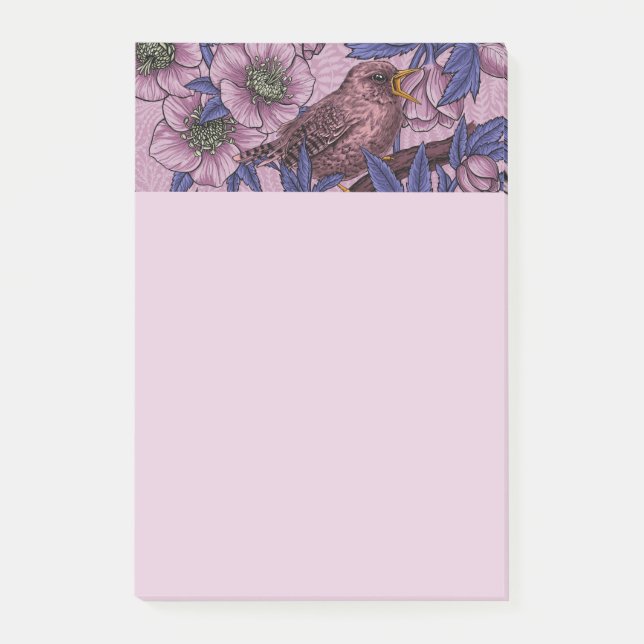 Wren and hellebore, pink and violet post-it notes (Front)