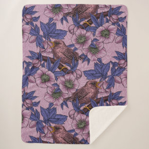 Wren and hellebore, pink and violet sherpa blanket