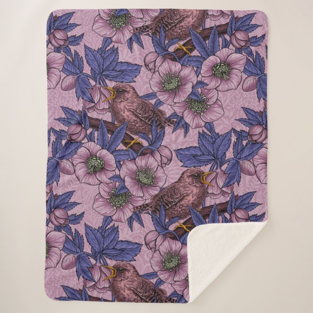 Wren and hellebore, pink and violet sherpa blanket (Front)