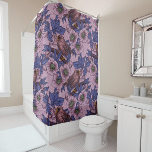 Wren and hellebore, pink and violet shower curtain
