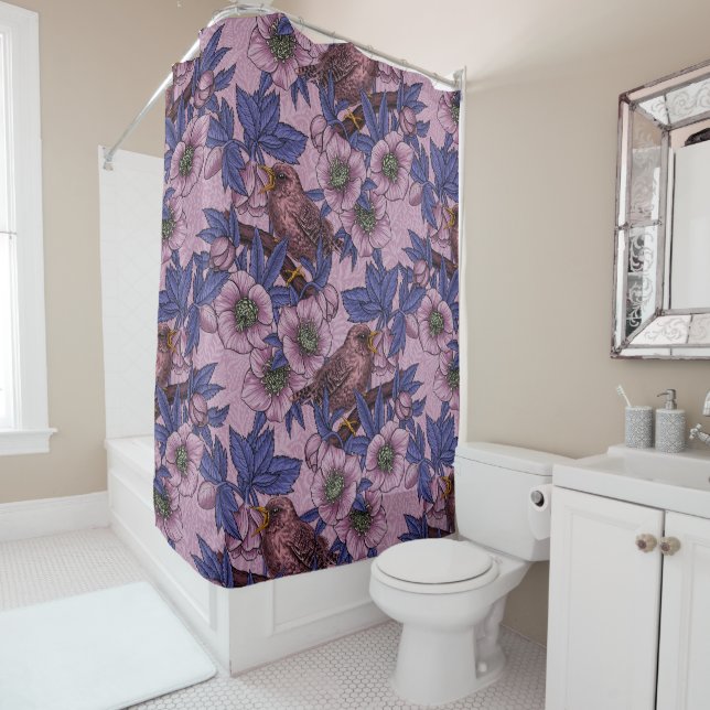 Wren and hellebore, pink and violet shower curtain (In Situ)