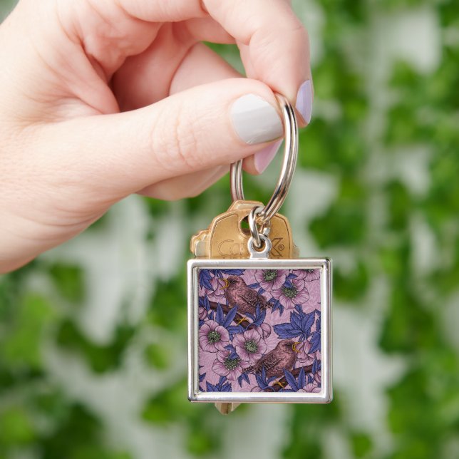 Wren and hellebore, pink and violetWren and helleb Keychain (Hand)